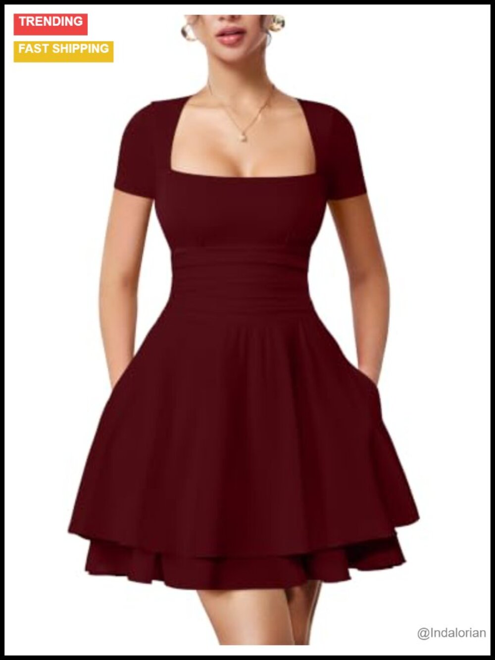 Women's Casual Short Sleeve Square Neck Mini Dress with Pockets